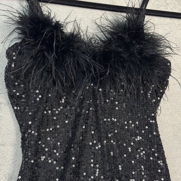 Sequins Mini Dress Black Feather Trim Glam Party Coquette Party Y2K Stretch Sz S - Picture 6 of 12